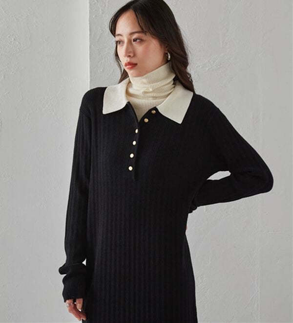RANAN（ラナン）の「ポロカラーリブニットワンピース（ロングワンピース）」｜ブラック