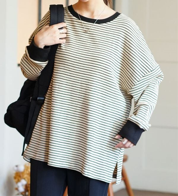 A HAPPY MARILYN（アハッピーマリリン）の「【Ｌ～８Ｌ】綿１００％！楽にのびるゆったりプルオーバー（Tシャツ）」｜ボーダー