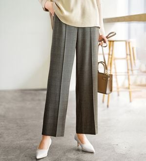 BELLUNA（ベルーナ）の「サマ見え（Ｗ）ストレッチ素材タブ使いワイドパンツ（ワイドパンツ・ガウチョ）」｜ブラウン系チェック