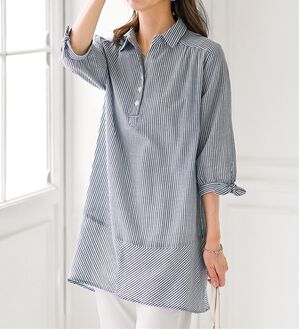 BELLUNA（ベルーナ）の「綿１００％ストライプ袖リボンチュニック（チュニック）」｜詳細画像