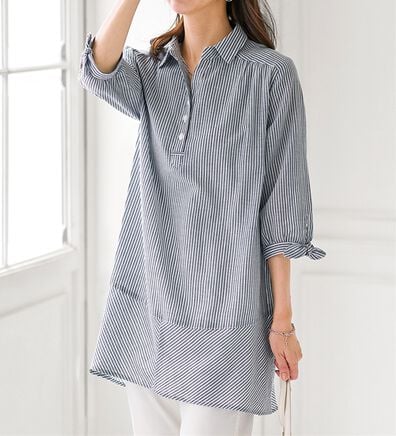 BELLUNA（ベルーナ）の「綿１００％ストライプ袖リボンチュニック（チュニック）」
