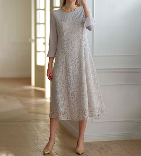 BELLUNA（ベルーナ）の「シャンタン素材ノーカラージャケットレースワンピースアンサンブル（ワンピースセットスーツ）」｜詳細画像