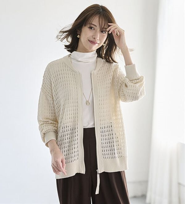 BELLUNA（ベルーナ）の「透かし柄ニットジップブルゾン（ニットカーディガン）」｜詳細画像