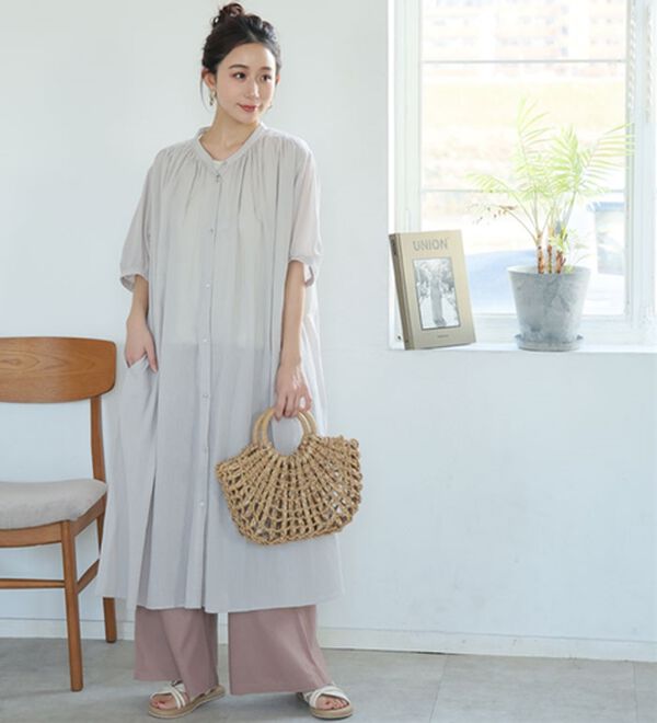 A HAPPY MARILYN（アハッピーマリリン）の「【Ｌ～６Ｌ】【風通るプレミアム】綿１００％ 楊柳 五分袖 ギャザーたっぷりワンピース（カットソーワンピース）」｜詳細画像