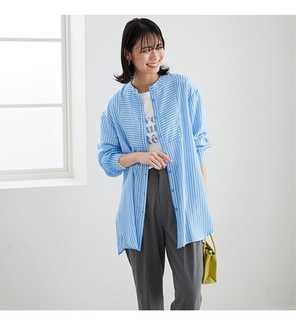 BELLUNA（ベルーナ）の「お手入れ簡単！ストライプ切替シャツチュニック（チュニック）」｜詳細画像