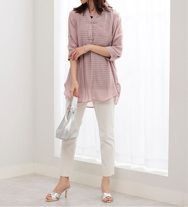 BELLUNA（ベルーナ）の「【シャツ+インナーのセット】スラブ素材ボタン使い裾タックシャツアンサンブル（アンサンブル）」｜詳細画像