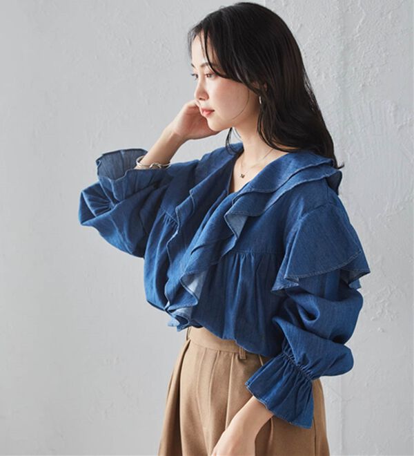 RANAN（ラナン）の「ビッグカラーフリルデニムブラウス（ブラウス）」｜詳細画像