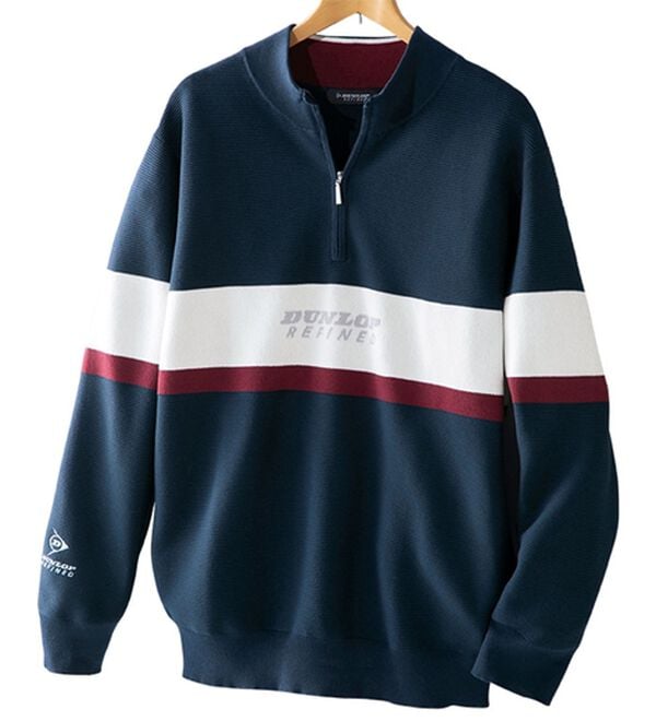 「＜ダンロップ・リファインド＞パネルボーダージャカードセーター（メンズニット・セーター）」｜ネイビー