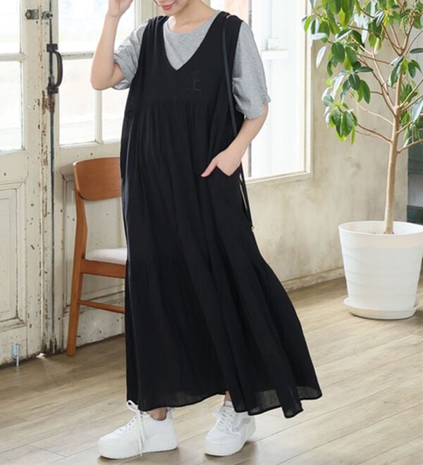 大きいサイズ】【L～6L】Vネックノースリーブワンピース【風通る