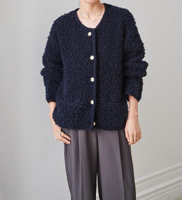 RANAN（ラナン）の「ゴールド調ボタンループ編みニットジャケット（ニットカーディガン）」｜詳細画像