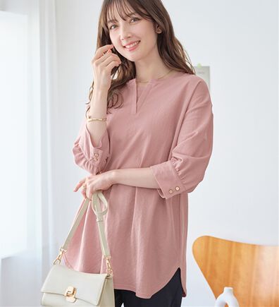 alotta（アロッタ）の「【接触冷感】６分袖衿フェイク裾ラウンドチュニック（チュニック）」