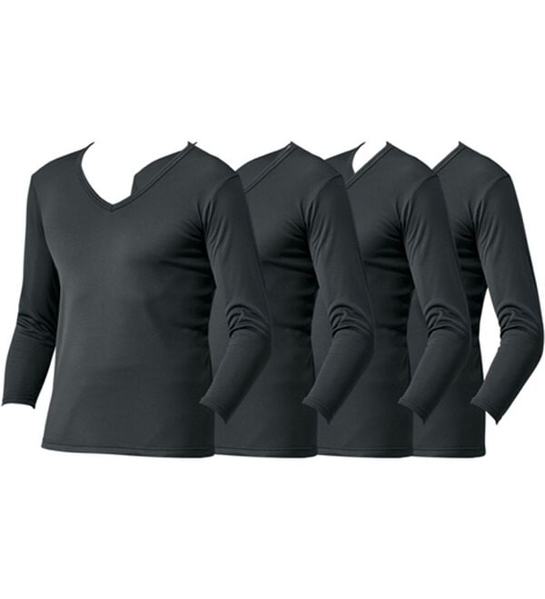 「【４枚組】抗菌防臭・マイクロファイバー裏起毛あったかインナー４枚組（シャツ）　長袖Ｖ首（メンズ肌着・インナーウェア）」｜チャコール4枚組