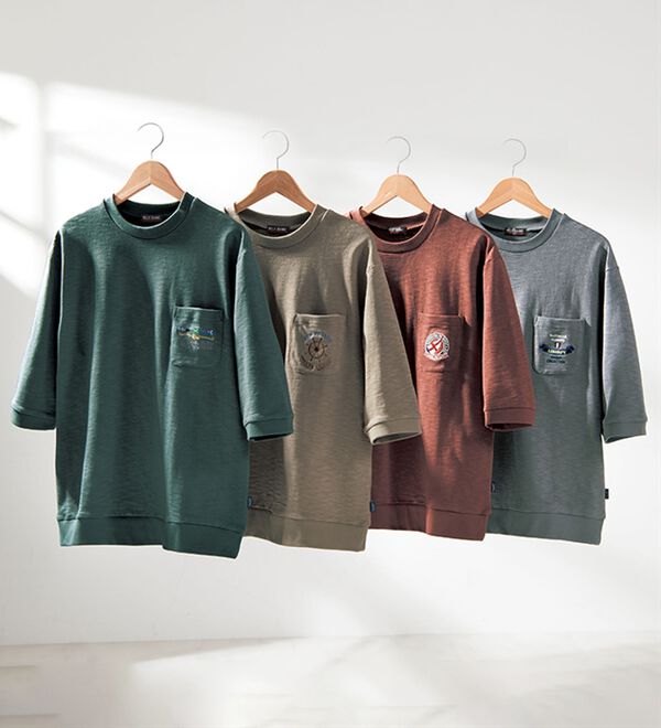 「ロゴ刺しゅう７分袖スウェットＴシャツ（メンズトレーナー）」｜詳細画像