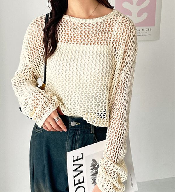 GeeRA（ジーラ）の「透かし編みメッシュニットプルオーバー（ニット・セーター）」｜詳細画像