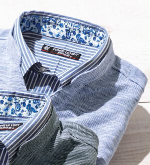 「＜コムルヴァン・オム＞リネンブレンド大人のダブル衿ポロ（メンズポロシャツ）」｜ブルー