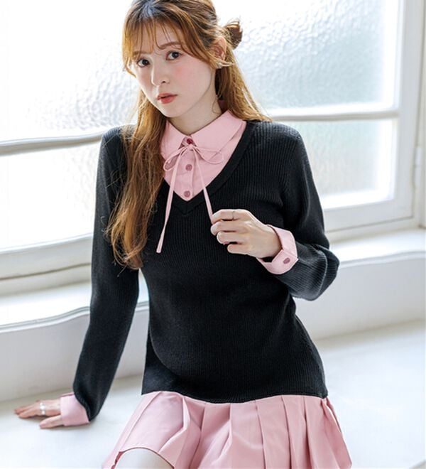 alotta（アロッタ）の「【Corie】シャツドッキングプリーツワンピース（ドッキングワンピース）」｜ブラック系