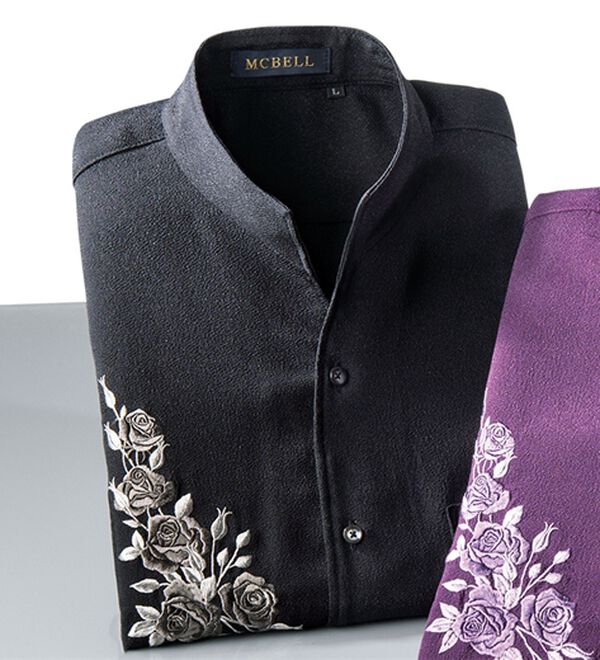 「二越ちりめんスタンドシャツ（メンズシャツ）」｜黒