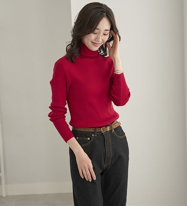 BELLUNA（ベルーナ）の「＜＆ｃｏｃｏｃｈｉ＞ハピネスコットン100％&times;吸湿発熱リブタートルニット（ニット・セーター）」｜詳細画像