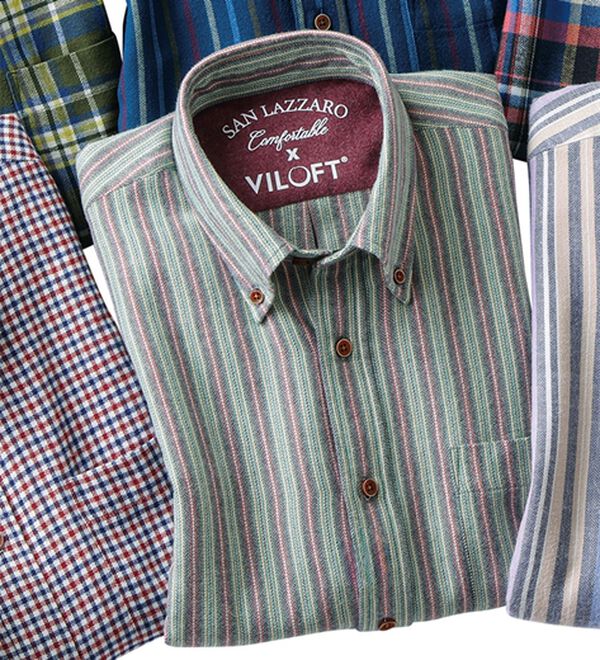 「＜バイロフト（Ｒ）＞カシミヤタッチネルシャツ（メンズシャツ）」｜グリーンストライプ