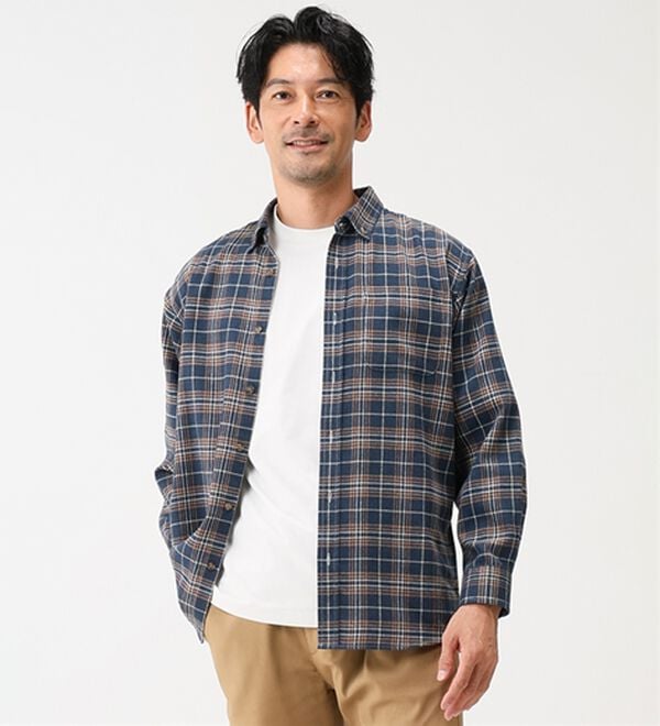 「シンプル＆プラス　フランネルチェックシャツ（メンズシャツ）」｜ブルーチェック(通常)