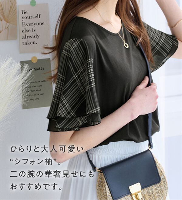 Viola e Viola（ヴィオラ エ ヴィオラ）の「【５つの機能付】袖シフォンゆるＴシャツ（Tシャツ）」｜詳細画像