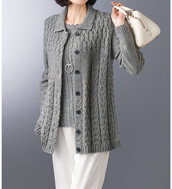 BELLUNA（ベルーナ）の「杢調編地変化ニットジャケットアンサンブル（ニットカーディガン）」｜杢グレー