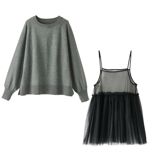 BELLUNA（ベルーナ）の「着回し自在！チュール重ねニットアンサンブル（ニット・セーター）」｜グレー系