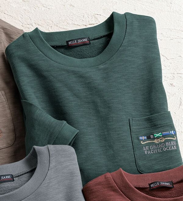 「ロゴ刺しゅう７分袖スウェットＴシャツ（メンズトレーナー）」｜モスグリーン