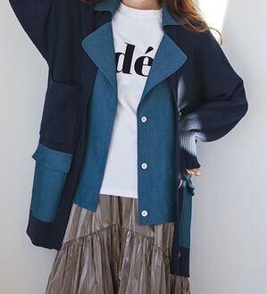 RANAN（ラナン）の「重ね着風デニム切替ニットジャケット（その他ジャケット）」｜インディゴ／ネイビー