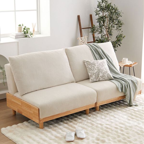 木飾り付ソファベッド＜ソファーベッド、3人掛け、2人掛け、肘なし