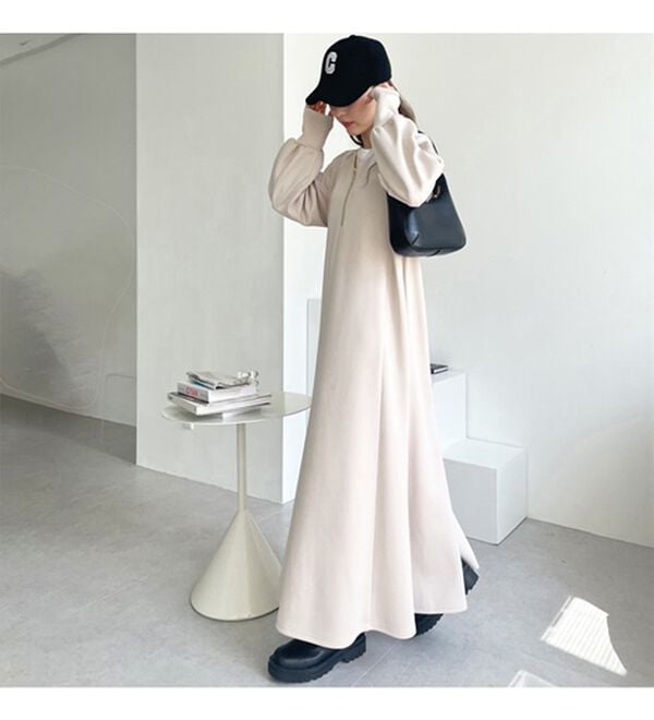 GeeRA（ジーラ）の「【再入荷】1枚で決まる！ハーフジップフレアワンピース（カットソーワンピース）」｜詳細画像