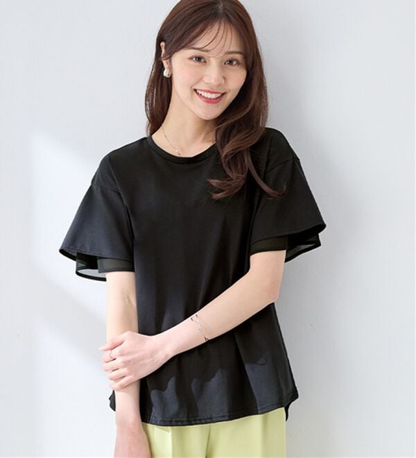 alotta（アロッタ）の「【接触冷感】＜丈が選べる＞袖口シフォンＴシャツチュニック（カットソー）」｜ブラック／レギュラー丈
