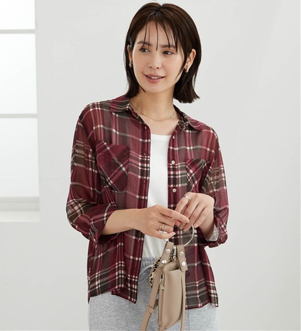 BELLUNA（ベルーナ）の「シフォン楊柳チェック柄プリントシャツ（シャツ）」｜詳細画像
