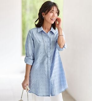BELLUNA（ベルーナ）の「涼感！サッカー素材シャドーチェックシャツブラウス（シャツ）」｜ブルー