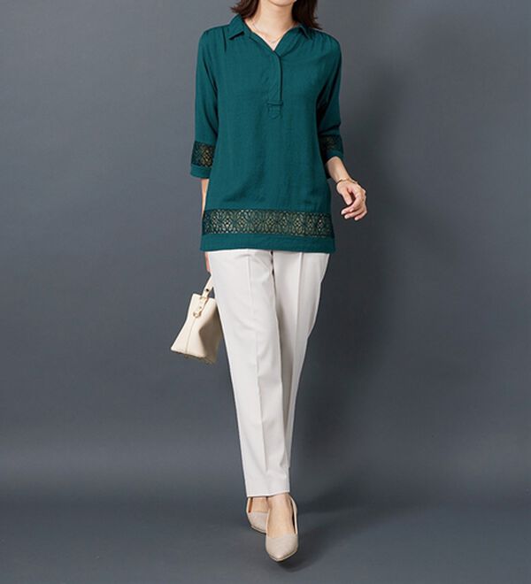 BELLUNA（ベルーナ）の「袖＆裾レースデザインシャツチュニック（チュニック）」｜詳細画像