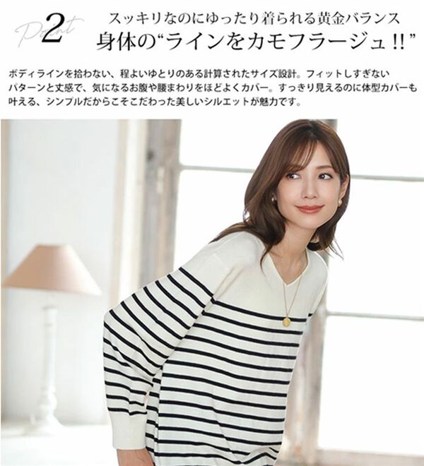 A HAPPY MARILYN（アハッピーマリリン）の「【Ｌ～８Ｌ】Ｒｉｎ フィット感軽減！Ｔシャツ感覚もっちりやわらかＶネックニット（ニット・セーター）」｜詳細画像