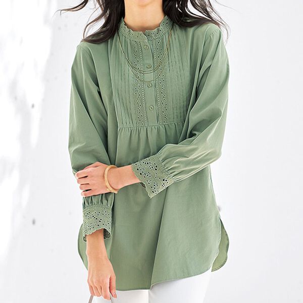 BELLUNA（ベルーナ）の「衿＆袖レース切替シャツチュニック（チュニック）」｜詳細画像