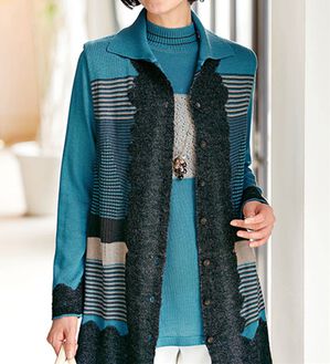 BELLUNA（ベルーナ）の「異素材使いボーダーニットベストアンサンブル（アンサンブル）」｜ブルー／チャコール