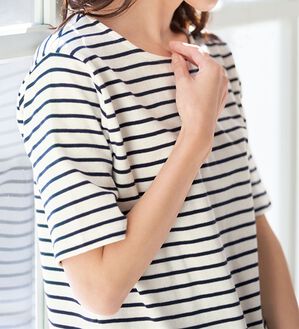 BELLUNA（ベルーナ）の「＜＆ｃｏｃｏｃｈｉ＞ハピネスコットン１００％なめらかボーダープルオーバー（カットソー）」｜白&times;ネイビー