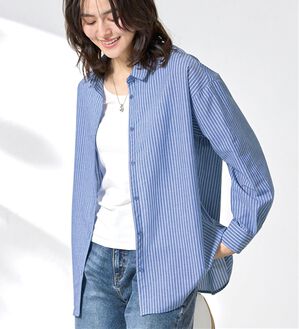 BELLUNA（ベルーナ）の「麻入りイージーケアゆったりシャツ（シャツ）」｜ブルーストライプ