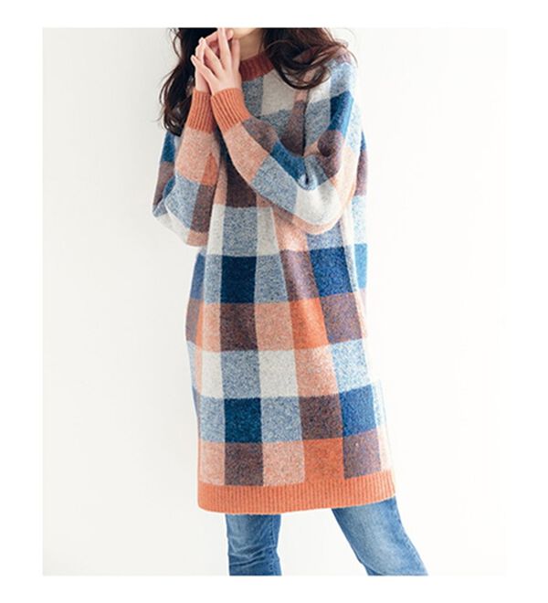 RANAN（ラナン）の「チェック柄ロング丈ニット（チュニック）」｜詳細画像