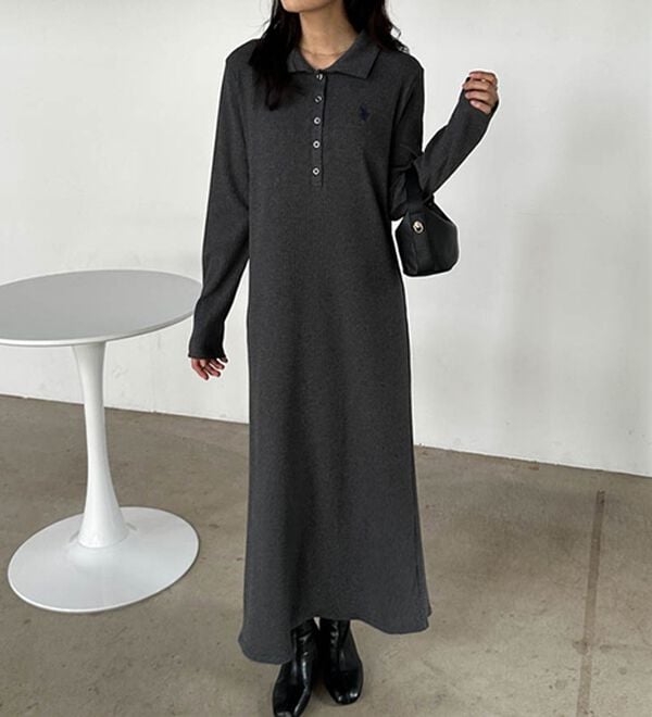RANAN（ラナン）の「＜U.S.POLO ASSN.＞ポロ衿長袖リブワンピース（ロングワンピース）」｜グレー