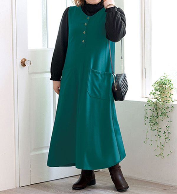 ルフラン（ルフラン）の「後ろも素敵なウール調ジャンスカ（ジャンパースカート）」｜ブルーグリーン