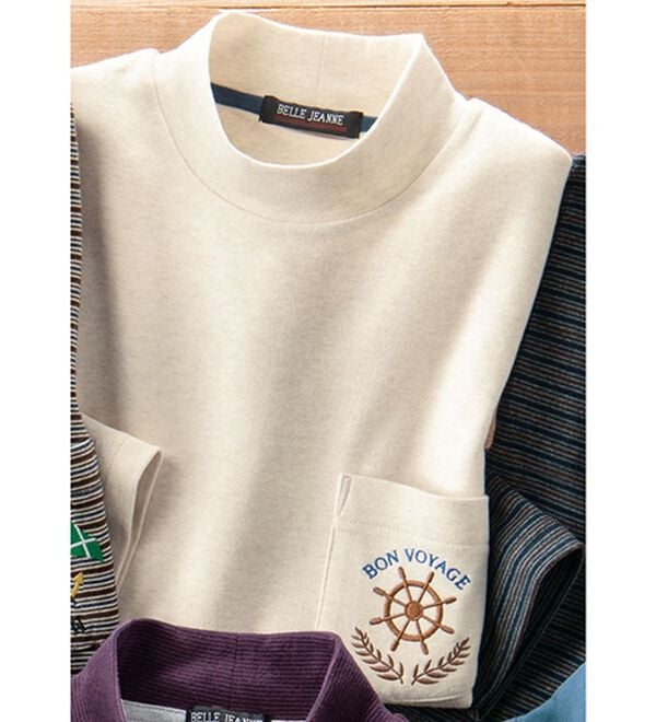 「綿１００％吸湿発熱ハイネックシャツ（メンズカットソー）」｜杢ベージュ