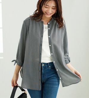 BELLUNA（ベルーナ）の「涼感柔らか袖リボンチュニック（チュニック）」｜黒ストライプ