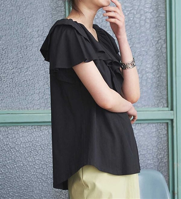 RANAN（ラナン）の「ひんやり！綿１００％フリル衿カットソープルオーバー（カットソー）」｜詳細画像