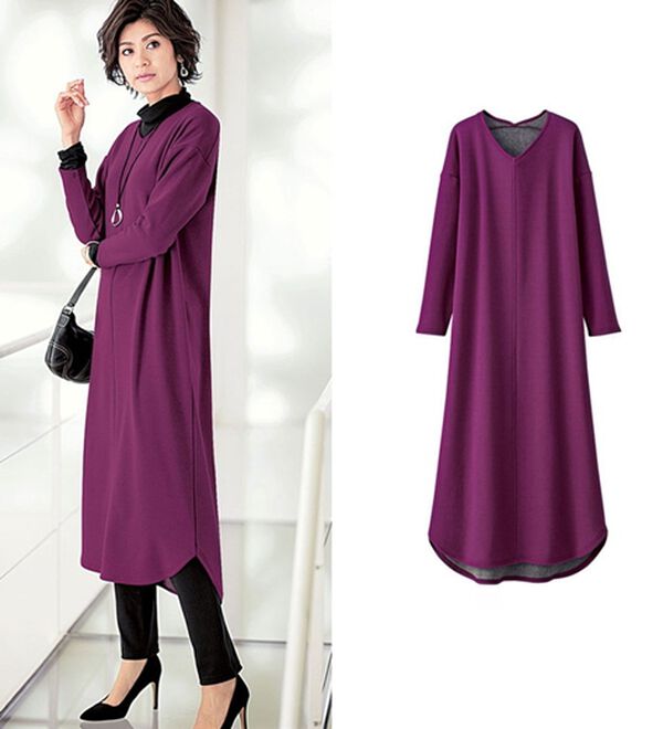 BELLUNA（ベルーナ）の「ふわふわ裏ファー素材ロング丈ワンピース（カットソーワンピース）」｜ラズベリー