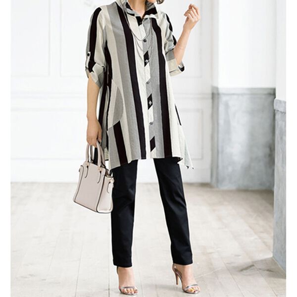 BELLUNA（ベルーナ）の「サッカー素材ストライプ柄シャツチュニック（シャツ）」｜詳細画像