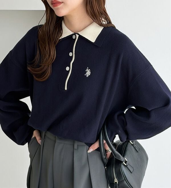 GeeRA（ジーラ）の「【Ｕ．Ｓ．ＰＯＬＯ　ＡＳＳＮ．】バイカラーポロ衿ニット（ニット・セーター）」｜詳細画像