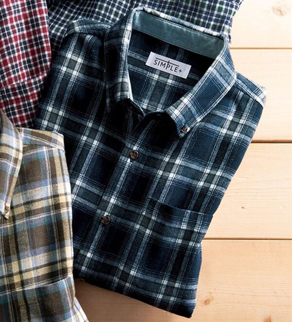 「シンプル＆プラス　フランネルチェックシャツ（メンズシャツ）」｜ネイビーチェック(短め)